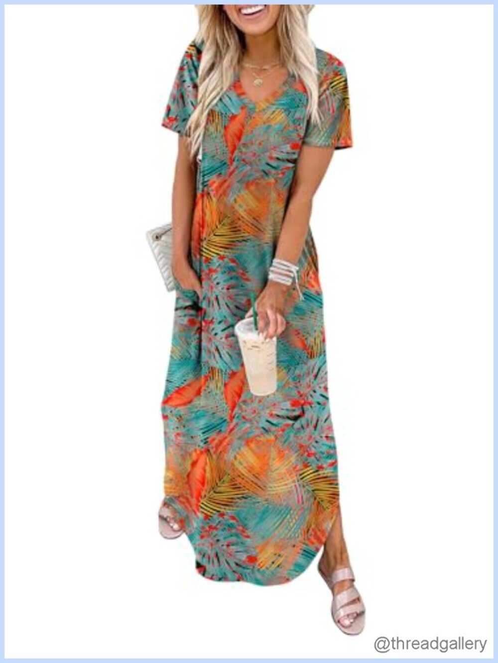 Women's V-Neck Maxi Dress Short Sleeve Side Slit Pockets Summer Beach Vacation